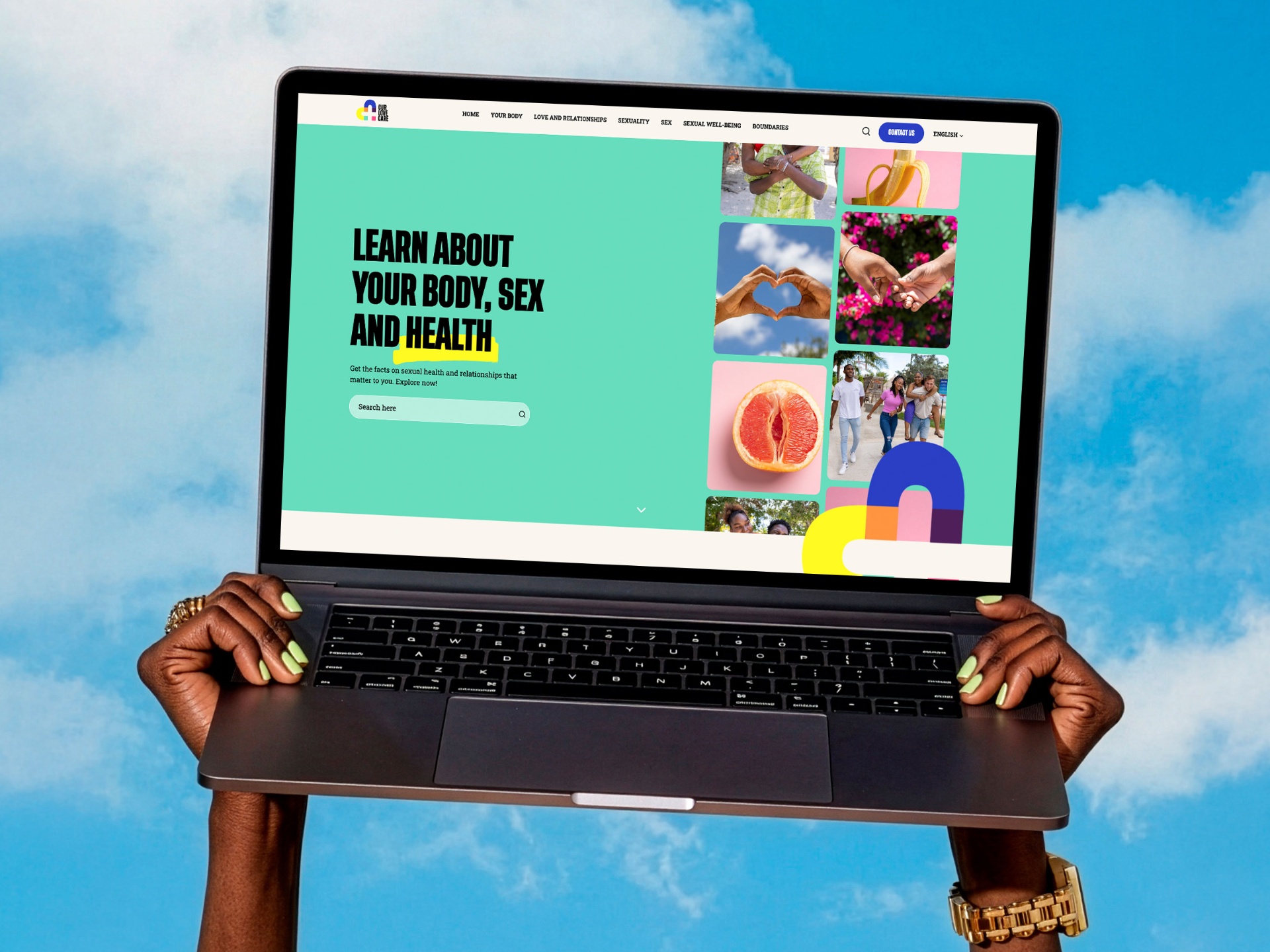 CurLoveCare — laptop showing the platform, held up against the sky